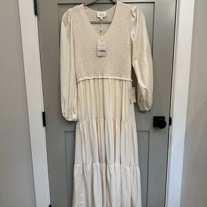 Smocked tiered midi dress in ivory